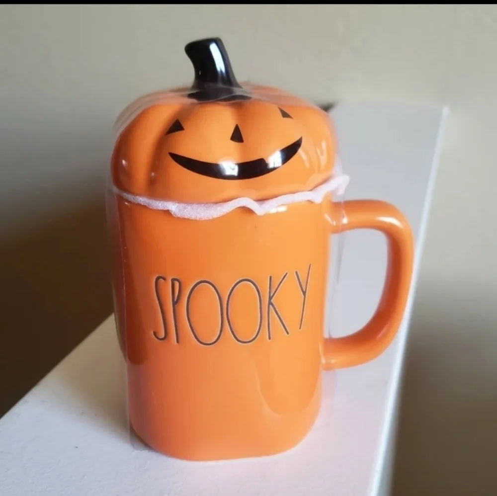 Rae Dunn SPOOKY Mug with PUMPKIN Topper - Halloween Coffee cup - ORANGE - Cerami